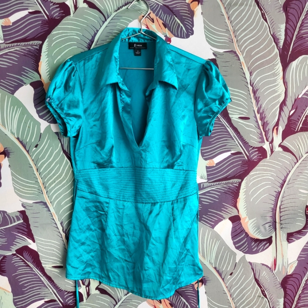 Teal Green Satin Silky Short Sleeve Button Tie Back Blouse Top